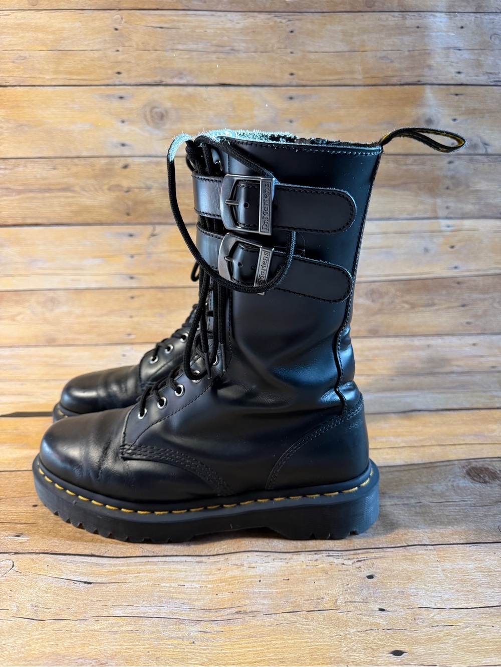 Dr. Martens Black Leather Lace-Up Combat Boots with Buckles
